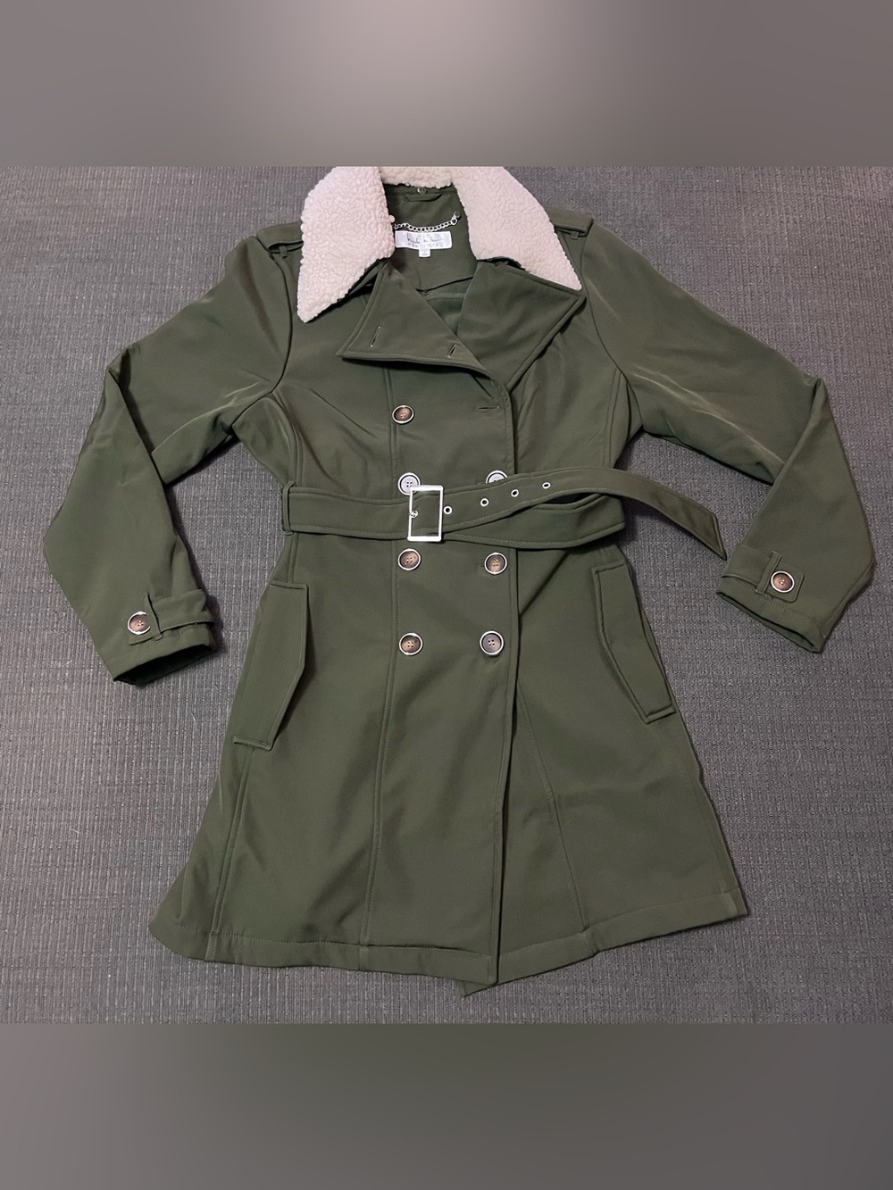 New Nicole Miller Olive Green Double-Breasted Trench Coat with Collar